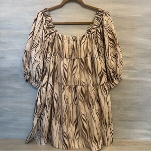 Mustard Seed Beige Tan Zebra Print Puff Sleeve Baby Doll Mini Dress Small LN